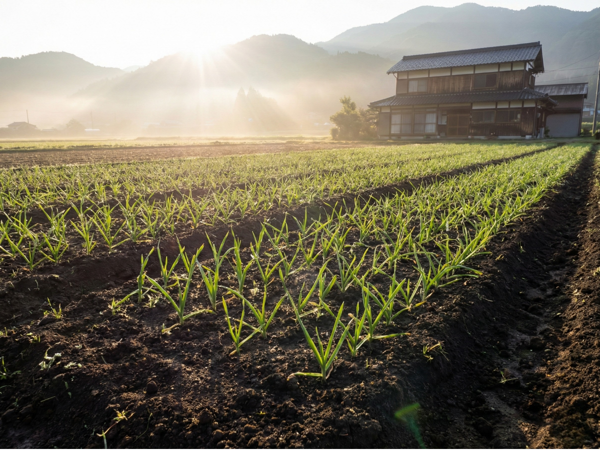 日本の美しい農村風景。手入れされた豊かな畑の土に、柔らかい朝の光が差し込んでいるイメージ。生命力と土台の大切さを表現。