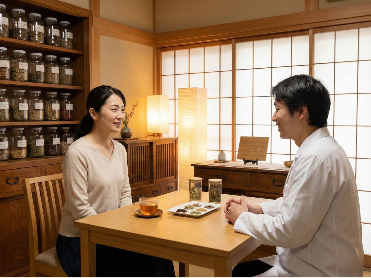 日本の漢方薬局の相談室で、女性が穏やかな表情でカウンセリングを受けている様子。木目調の温かみのあるインテリアと柔らかな照明。