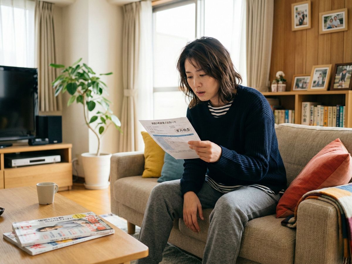 健康診断の結果用紙を手に持ちながら、自宅のソファで浮かない表情をしてため息をついている日本人の若い女性。体の不調(だるさ)を感じている様子が伝わる。
