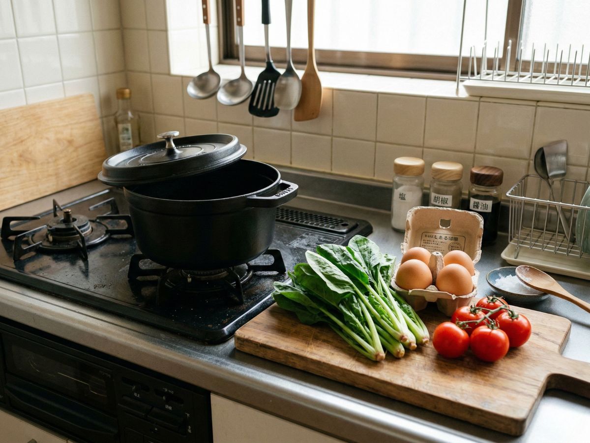 日本の家庭のキッチン。コンロの上には黒い鉄鍋が置かれており、その横の木製まな板には、ほうれん草、卵、トマトなど、鉄分とビタミンCが豊富な食材が美しく並べられている。