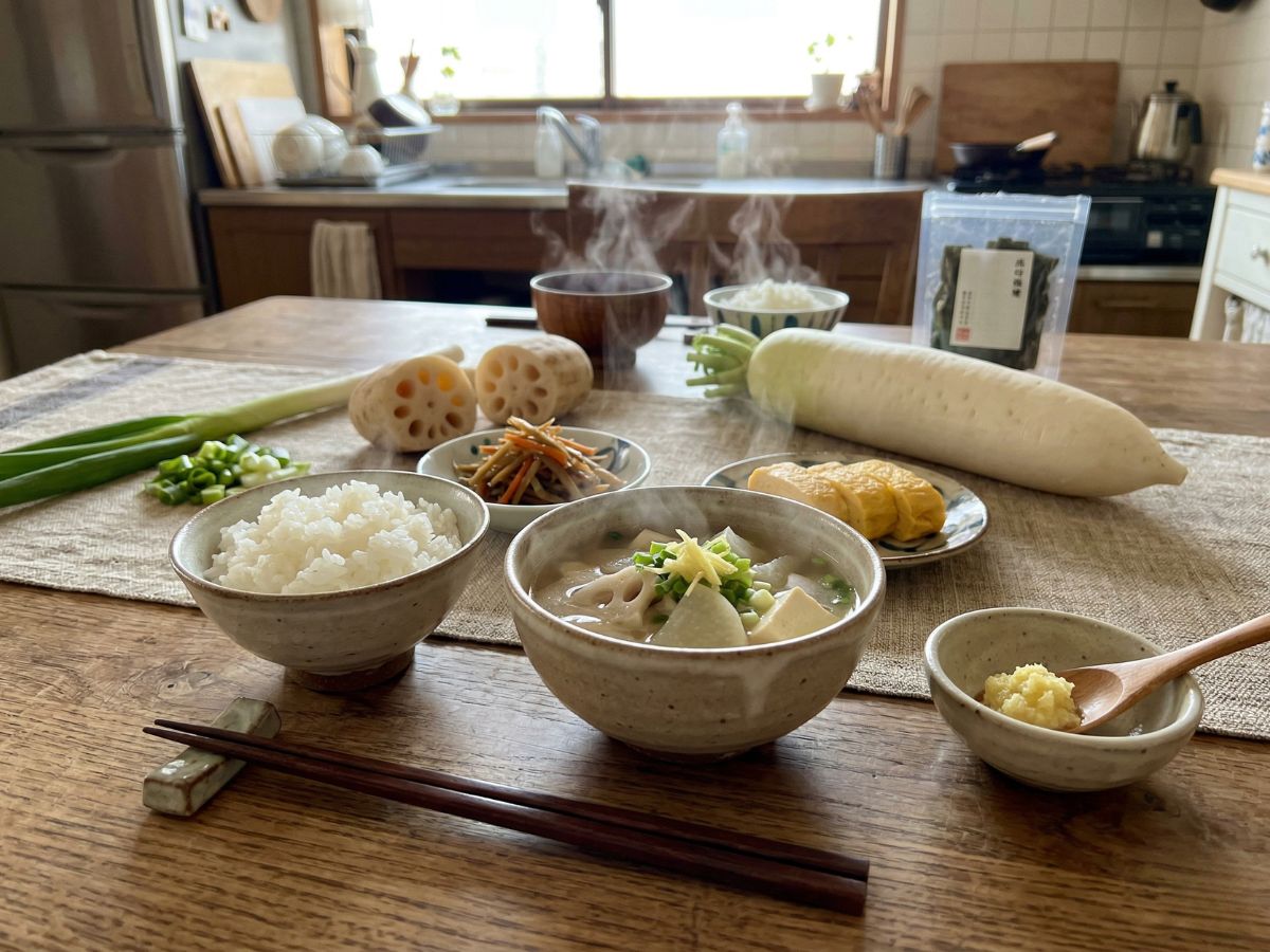 【日本の食卓。大根、ねぎ、生姜、れんこんなどの和の食材が並び、湯気の立つ温かい汁物が用意されている。健康的で消化に良さそうな日本の家庭料理の風景。】