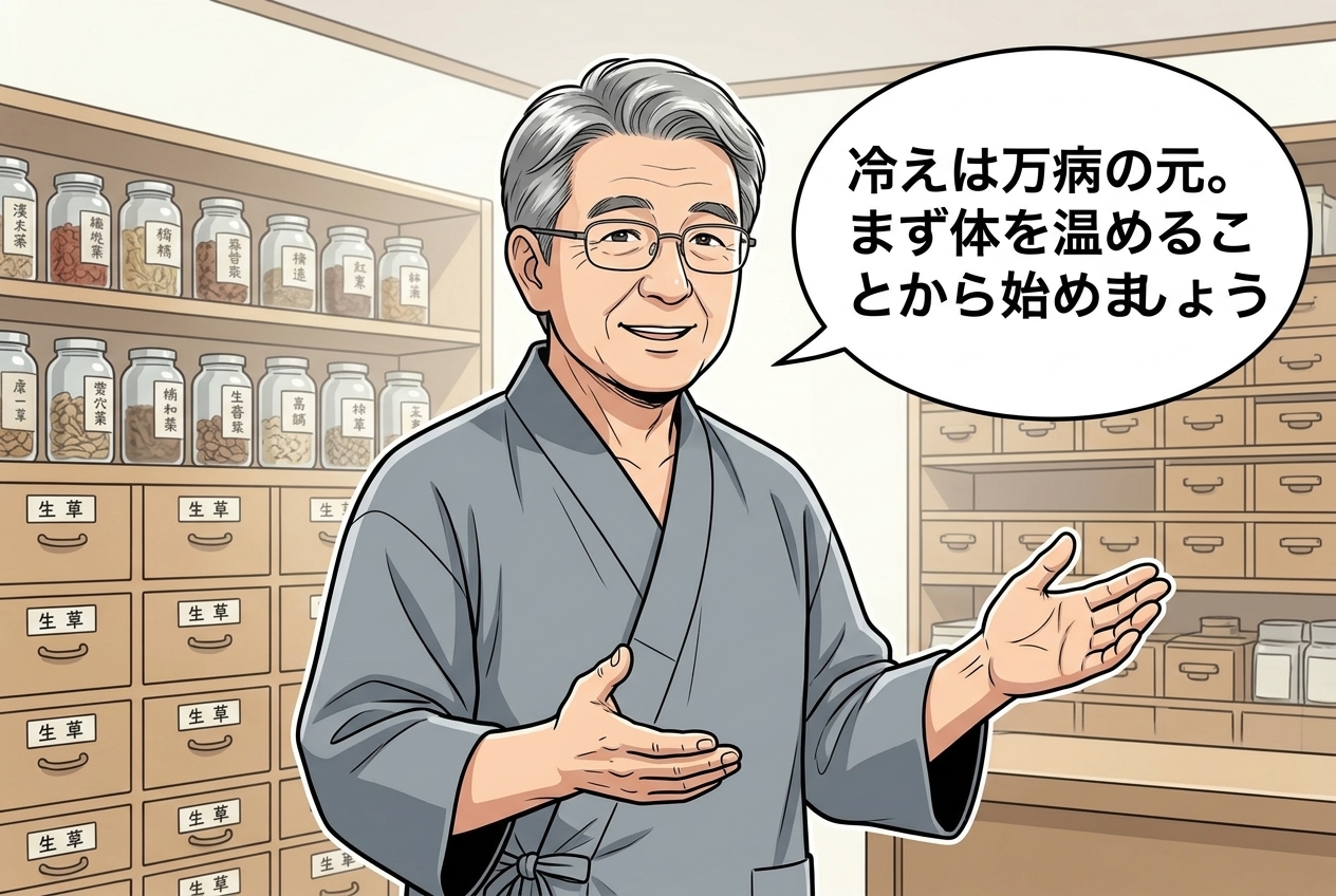 西岡先生が「冷えは万病の元。体を温めることから始めましょう」と語りかけるイラスト
